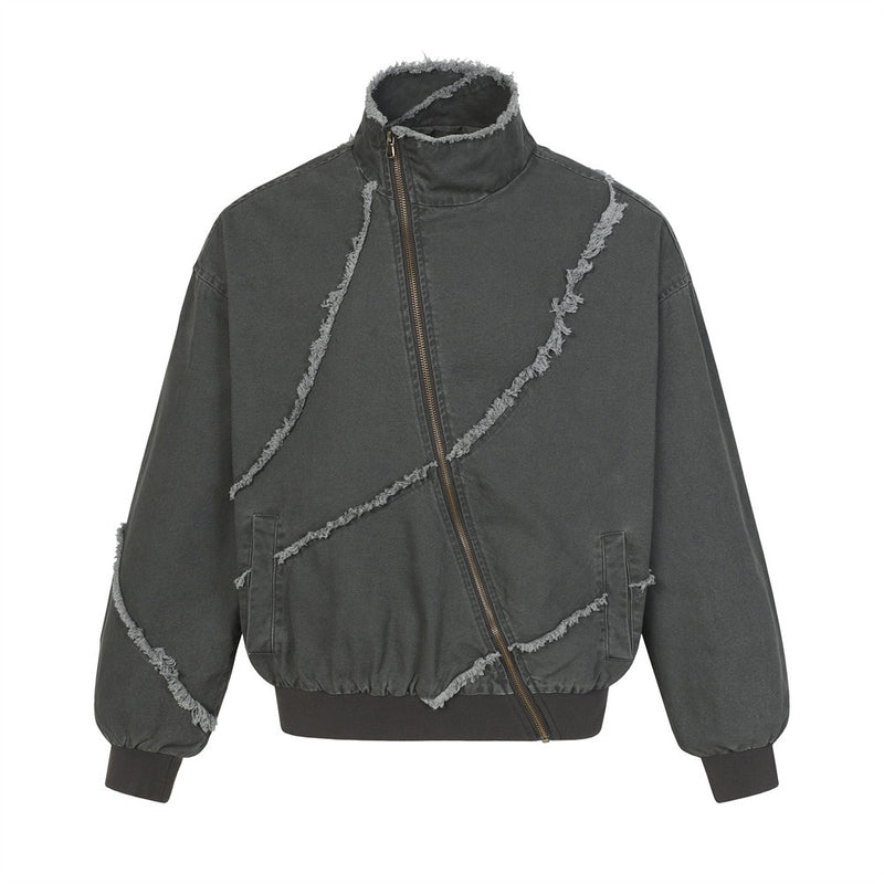 Blouson bomber déconstruit en toile à coutures effilochées et zip diagonal