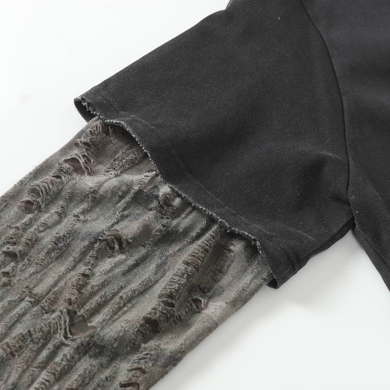 T-shirt manches longues à manches camouflage usées, effet deux pièces – Streetwear noir délavé