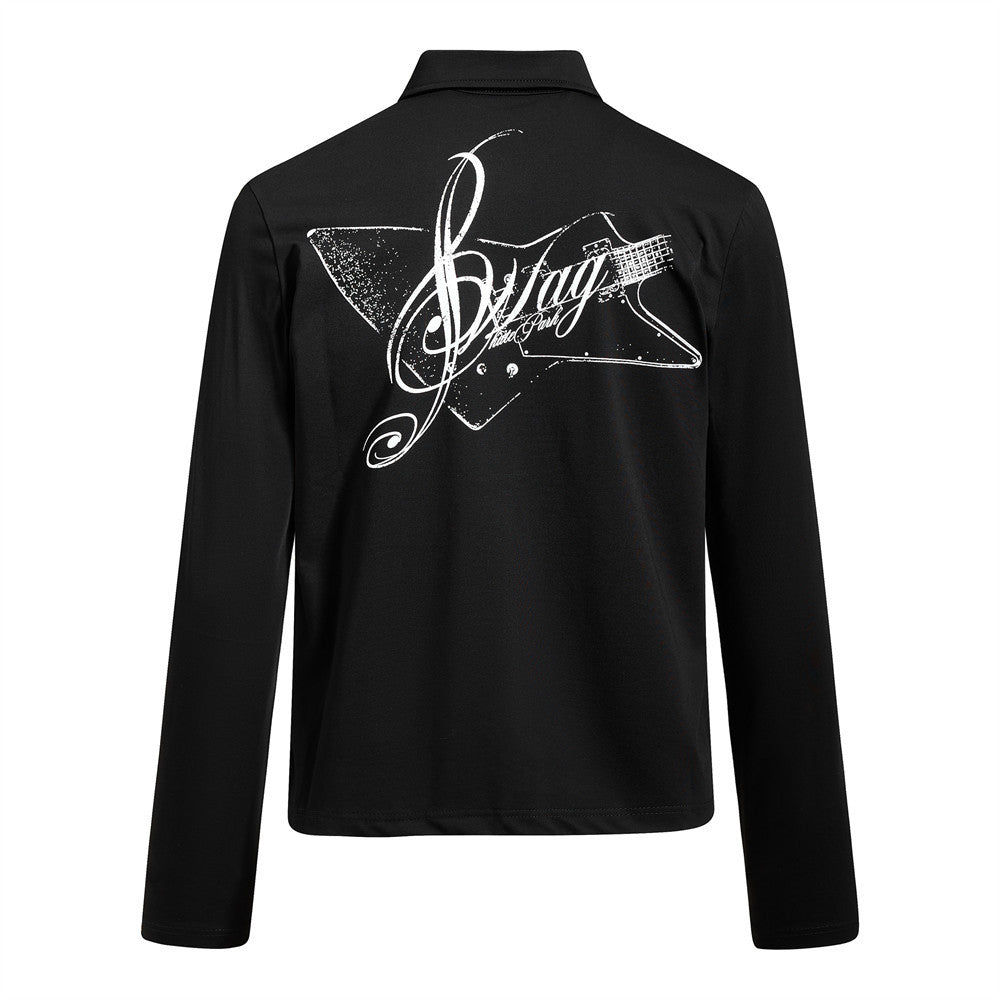 Long Sleeve Polo Shirt with Graffiti Star Print