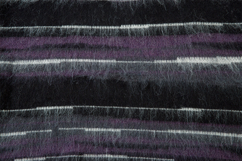 Striped Fuzzy Knit Crew Neck Sweater – Relaxed Fit Mohair-Style Pullover