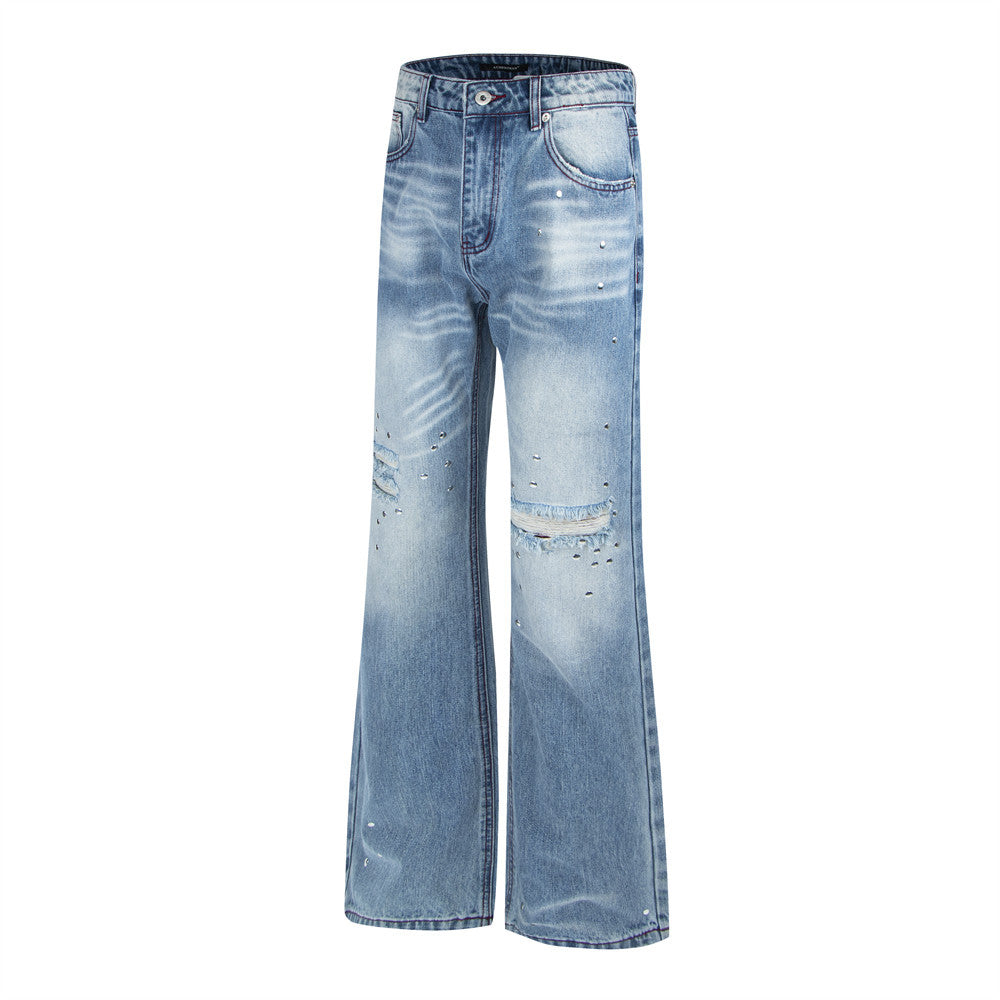 Men's Distressed Flare Jeans – Light Wash Wide-Leg Denim with Ripped Knees &