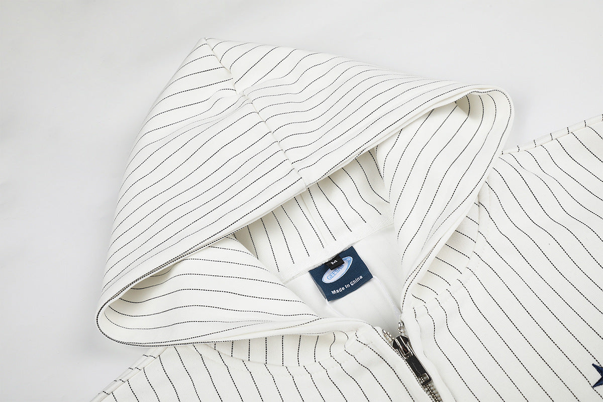 Pinstripe Zip-Up Hoodie with American Flag Embroidery & Script Sleeve Print