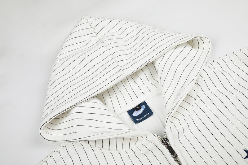 Pinstripe Zip-Up Hoodie with American Flag Embroidery & Script Sleeve Print