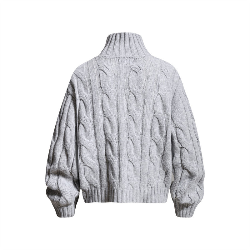 Pull homme en maille torsadée à col montant zippé – Pull oversize à patte boutonnée