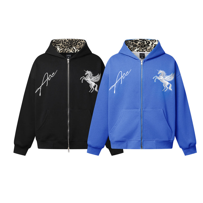 Ace unicorn embroidered zip-up hoodie and wide-leg sweatpants set with leopard-print lining in cobalt blue and black