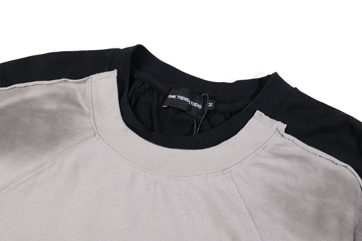 T-shirt graphique color-block à manches longues – Haut streetwear oversize bicolore délavé