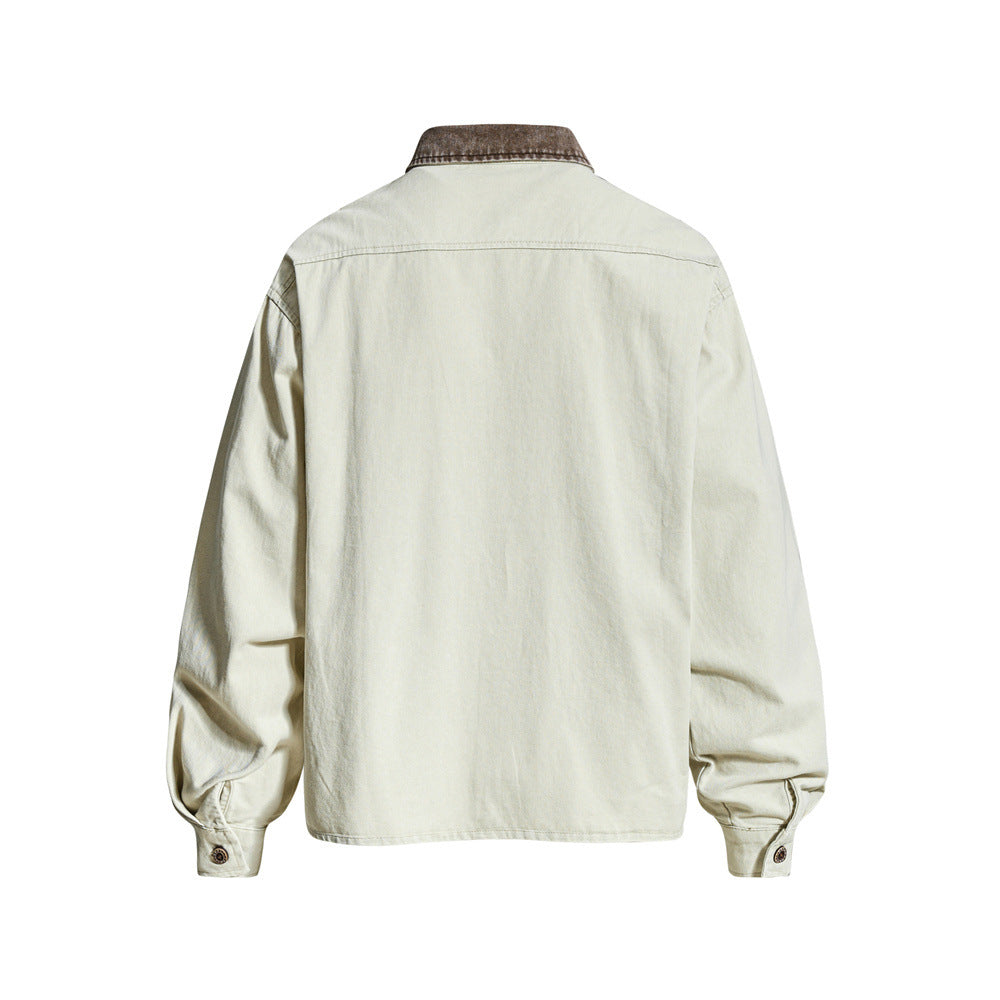 Back view of cream long sleeve shirt with brown collar and plain yoke