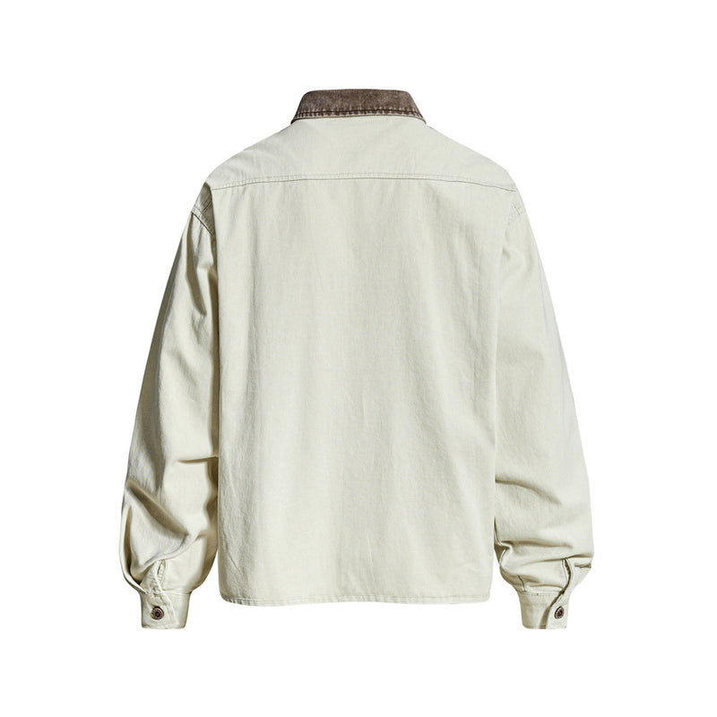 Back view of cream long sleeve shirt with brown collar and plain yoke
