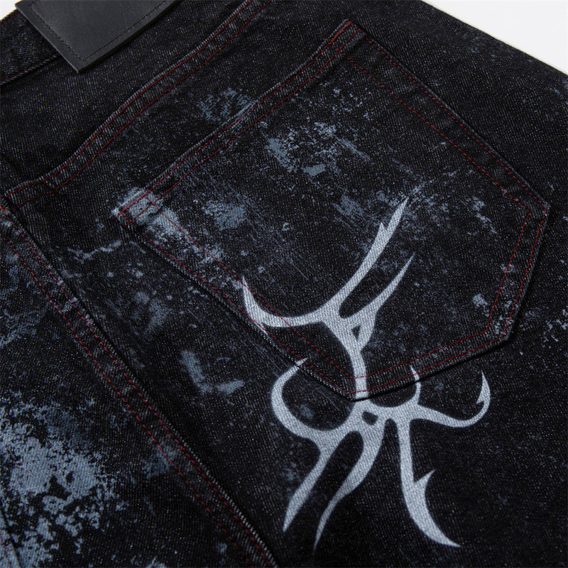 Tribal Print Baggy Jeans – Black Distressed Wide-Leg Denim