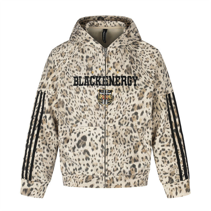 Embroidered Zip Up Hoodie – Leopard Print Streetwear with Side Stripe Detail