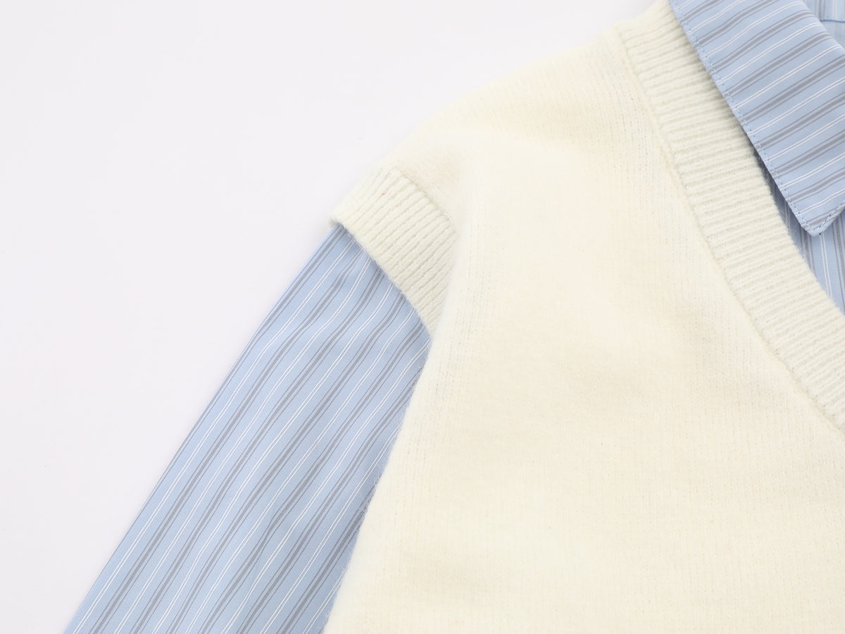 Campus-Style Knit Sweater Vest Layered Shirt with Badge Patch and Striped Tie