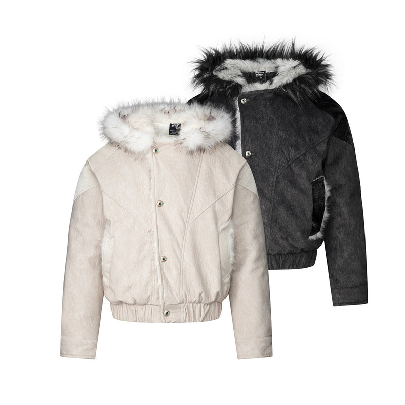 Faux Fur Trim Hooded Bomber Jacket – Textured Fleece with PU Leather Panels