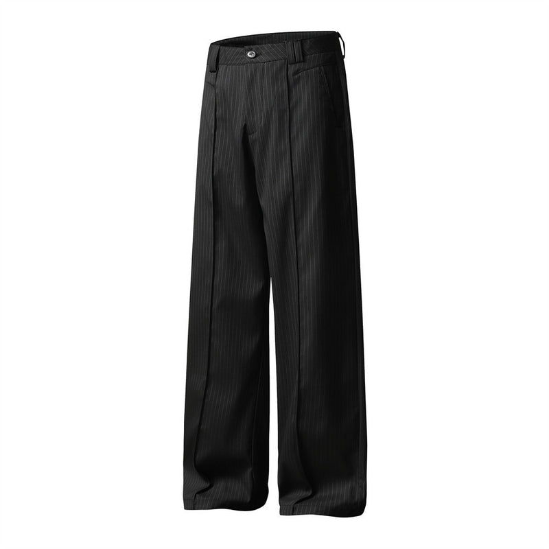 Black Pinstripe Wide-Leg Trousers – Pleated Relaxed Fit Dress Pants