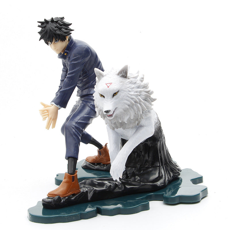 The Jujutsu Kaisen Megumi Fushiguro &amp; Tsumiki PVC Figure is a 17 cm collectible statue featuring a character with spiky black hair, in a dark outfit, beside a large white wolf with red forehead markings, reminiscent of Divine Dogs, on a textured base in a dynamic pose.