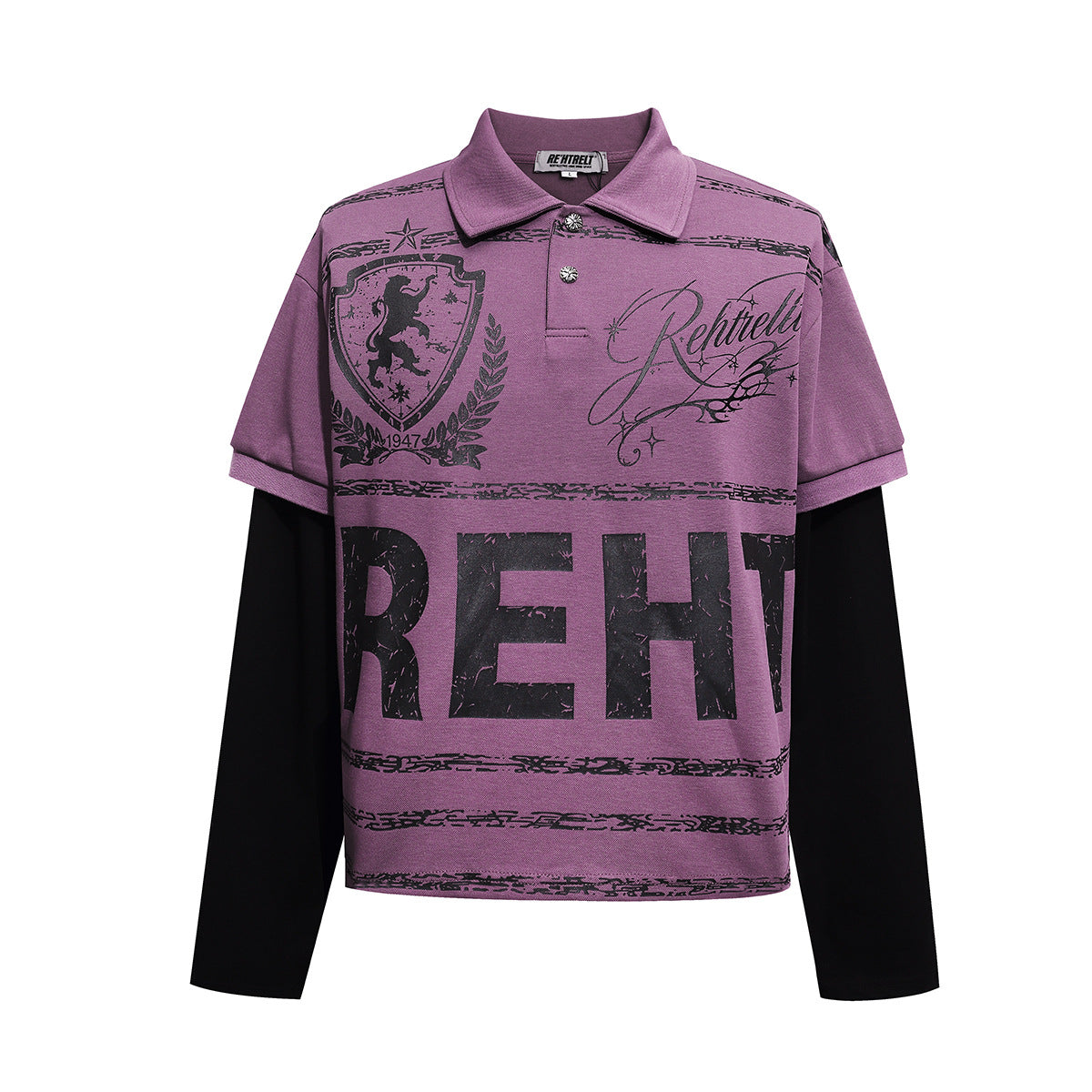 Rehtrelt faux two-piece long sleeve polo shirt with distressed crest graphic print in purple and black