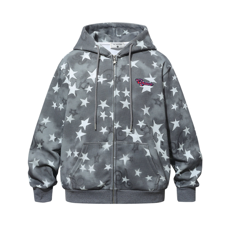 Thick Zip-Up Hoodie Allover Star Print with Embroidered Script Logo