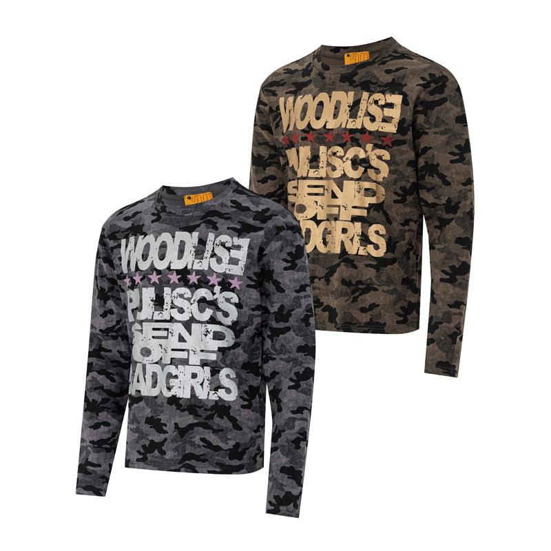 Camiseta gráfica de manga larga con camuflaje – Camiseta streetwear de estampado desgastado