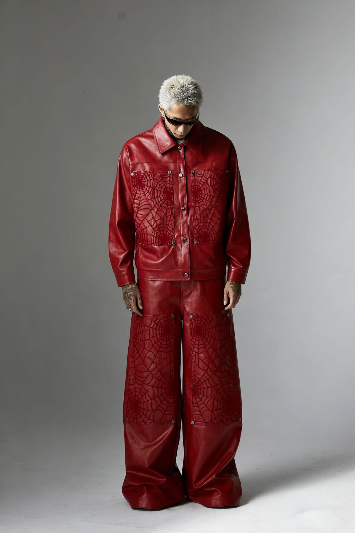 Spiderweb Embroidered PU Leather Jacket – Oversized Moto Fit