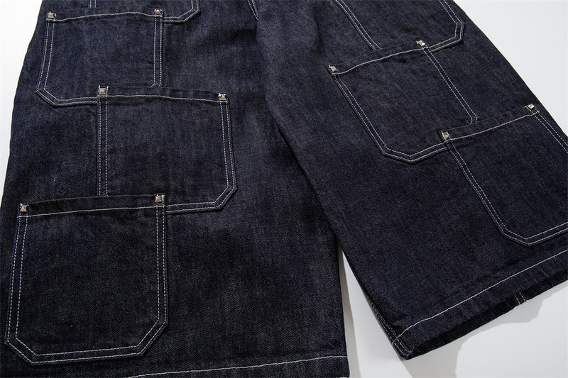 Wide-Leg Denim Cargo Shorts – Multi-Pocket Workwear Style