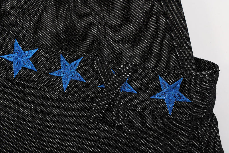 Wide Leg Jeans with Star Embroidery & Diagonal Waistband — Black Raw Denim