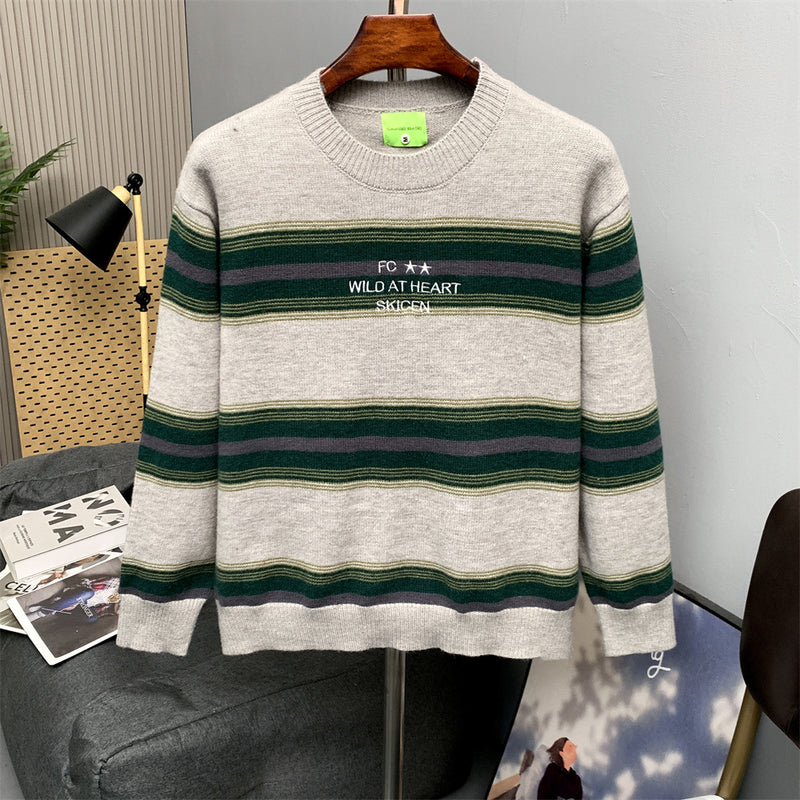 Striped Crew Neck Sweater – Relaxed Fit Color-Block Knit Pullover
