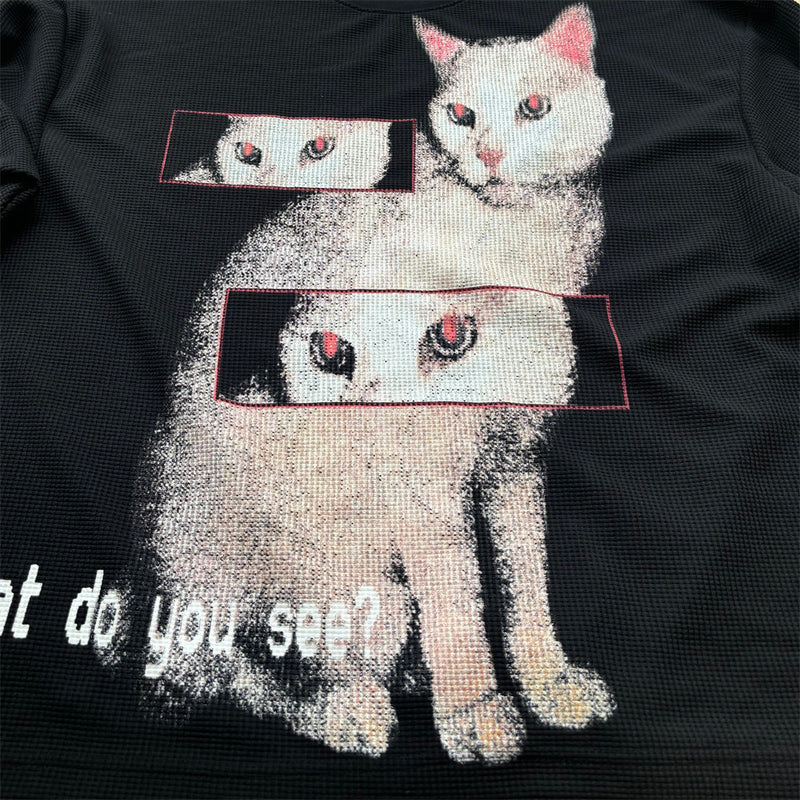 Black Long Sleeve Shirt Women — Oversized Cat Graphic Waffle-Knit Crew Neck Top