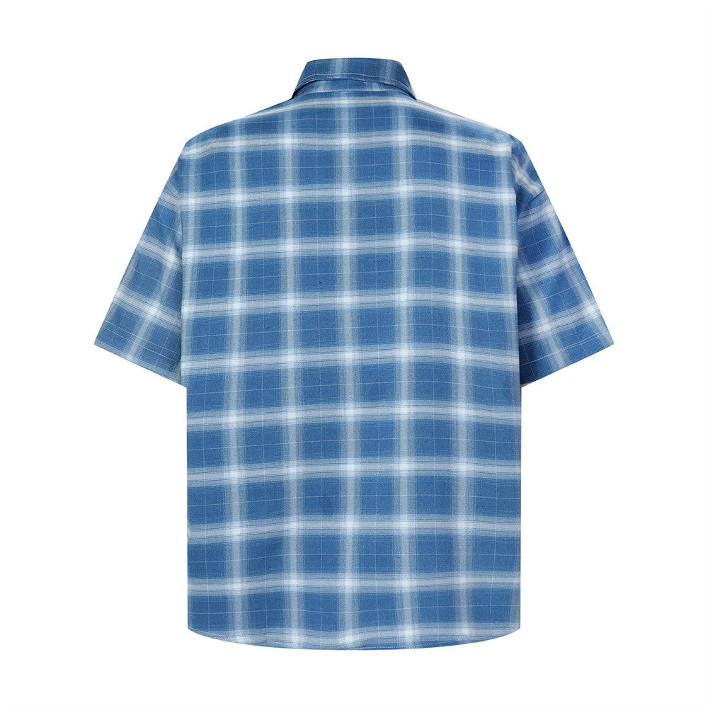 Plaid Short-Sleeve Shirt with Embroidered Letter Patch & Pearl Studs
