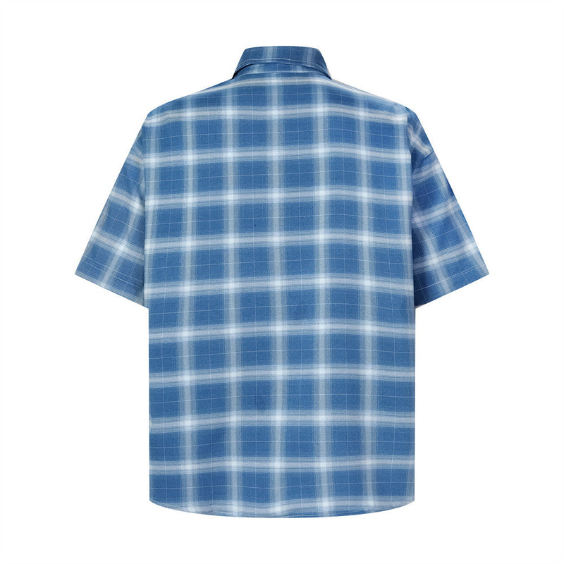 Plaid Short-Sleeve Shirt with Embroidered Letter Patch & Pearl Studs