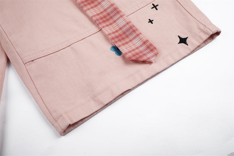 Cartoon Embroidery Wide-Leg Shorts with Plaid Tie Detail