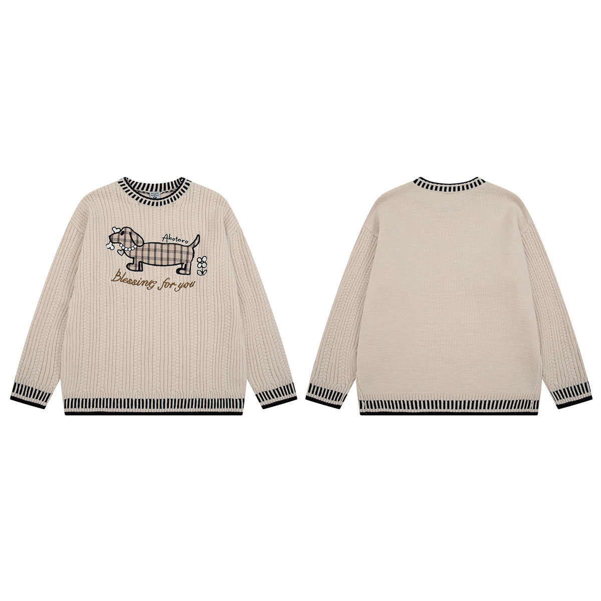 Zopfstrickpullover mit Dackel-Stickerei – Pullover mit Streifenbesatz