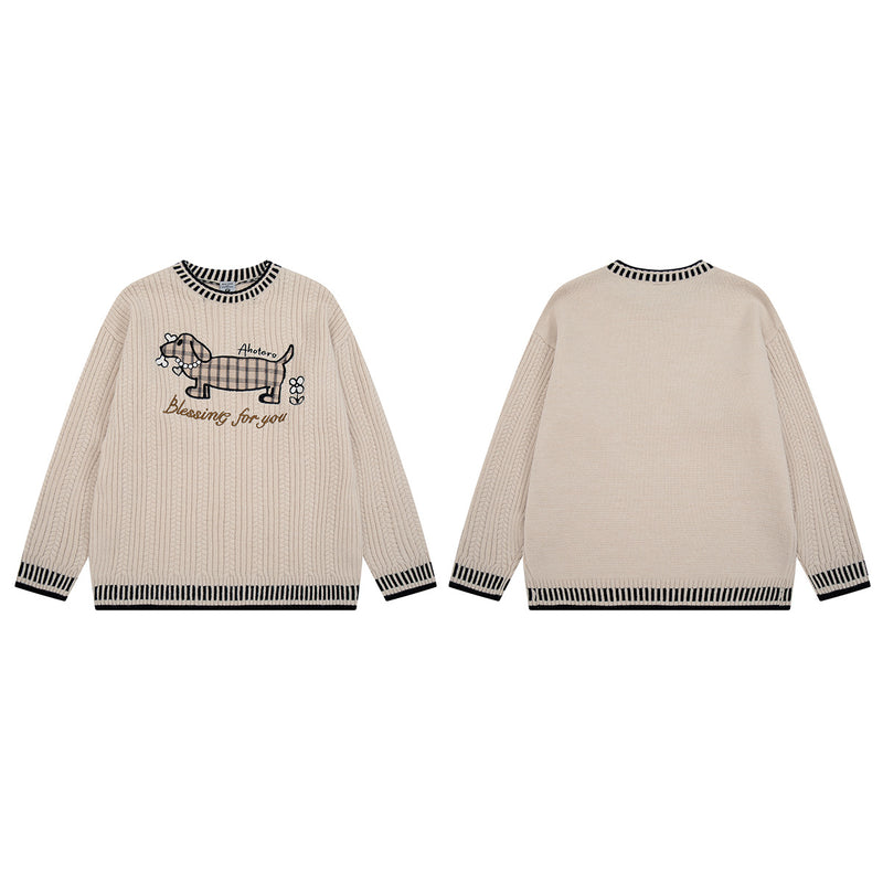 Zopfstrickpullover mit Dackel-Stickerei – Pullover mit Streifenbesatz