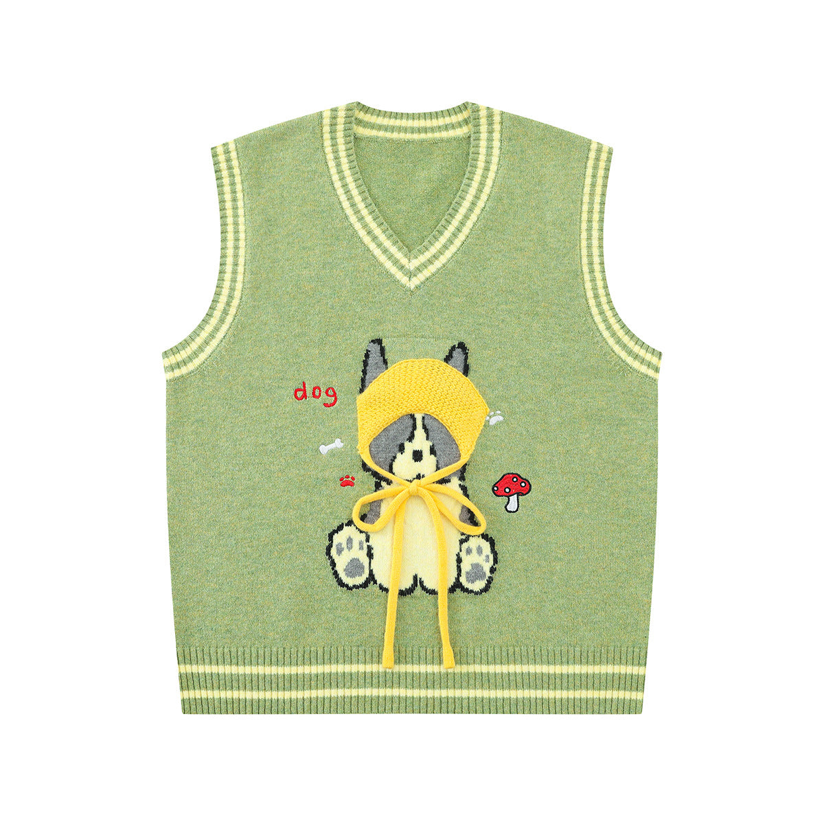Cartoon Dog Knit Sweater Vest V-Neck Collegiate Stripe Sleeveless Pullover