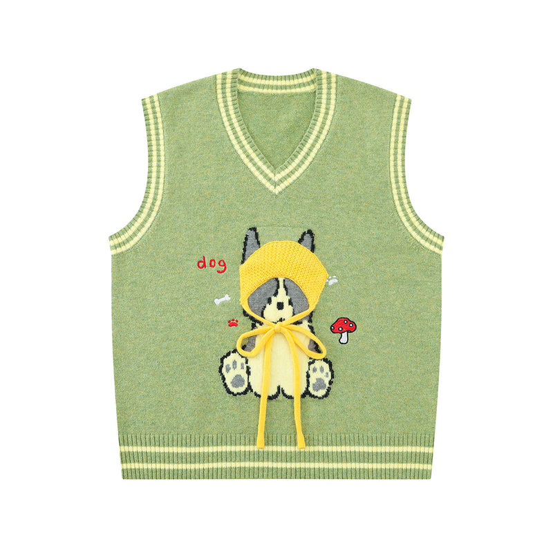 Cartoon Dog Knit Sweater Vest V-Neck Collegiate Stripe Sleeveless Pullover