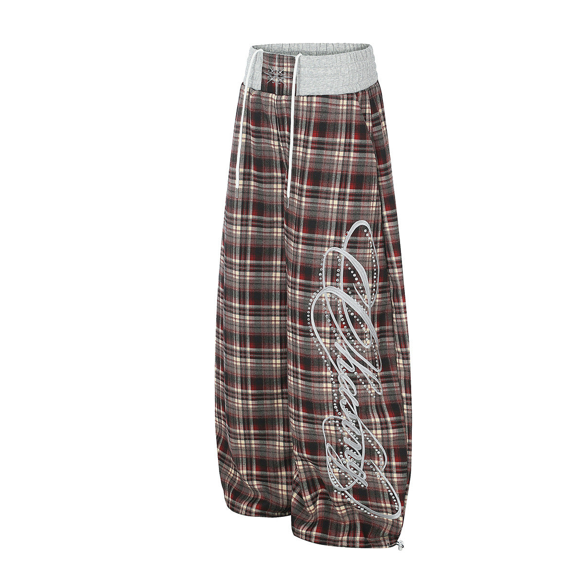 Plaid Wide-Leg Sweatpants with Drawstring Waist & Script Graphic