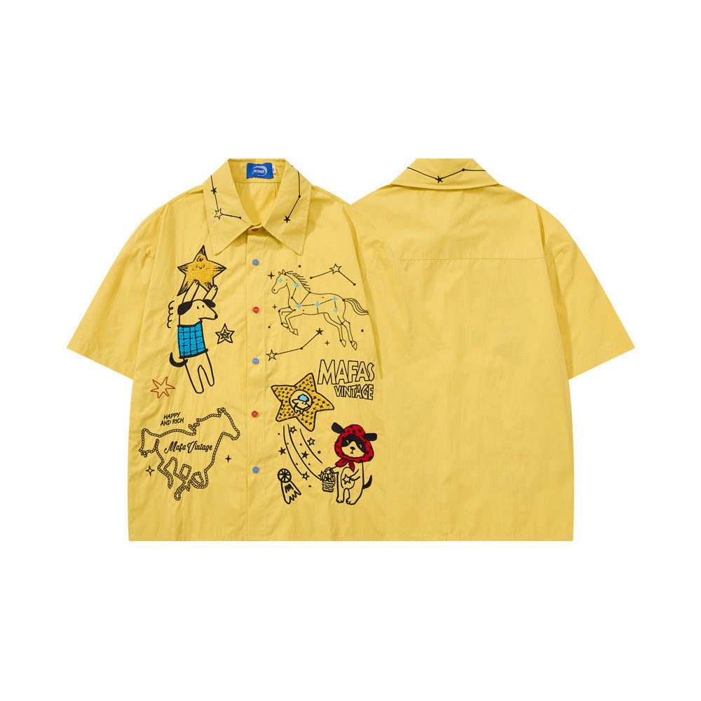 Cartoon Embroidered Short Sleeve Shirt – Oversized Streetwear Button-Up