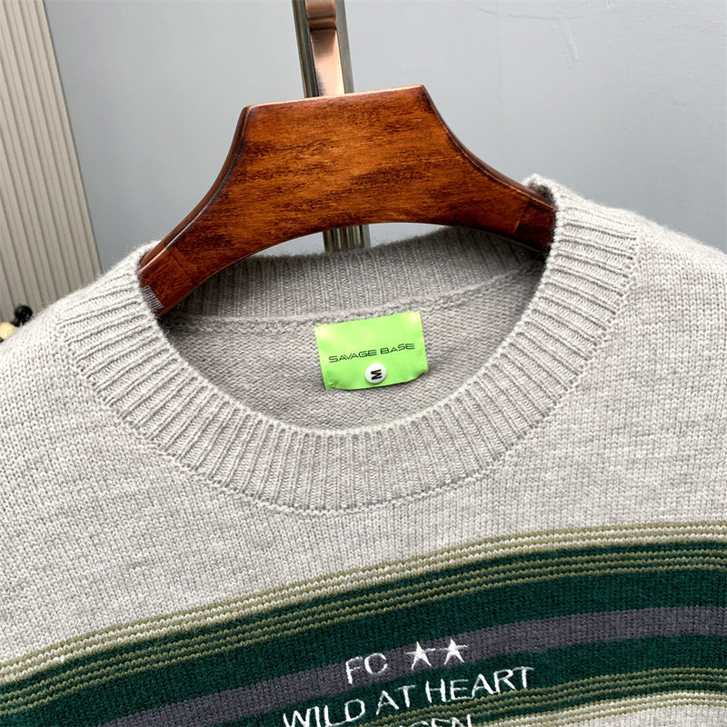 Striped Crew Neck Sweater – Relaxed Fit Color-Block Knit Pullover