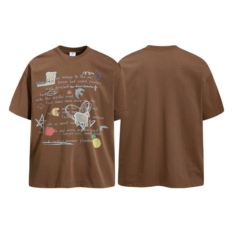 Oversized brown graphic t-shirt with hand-drawn sheep, fruit, and summer poetry print on the front
