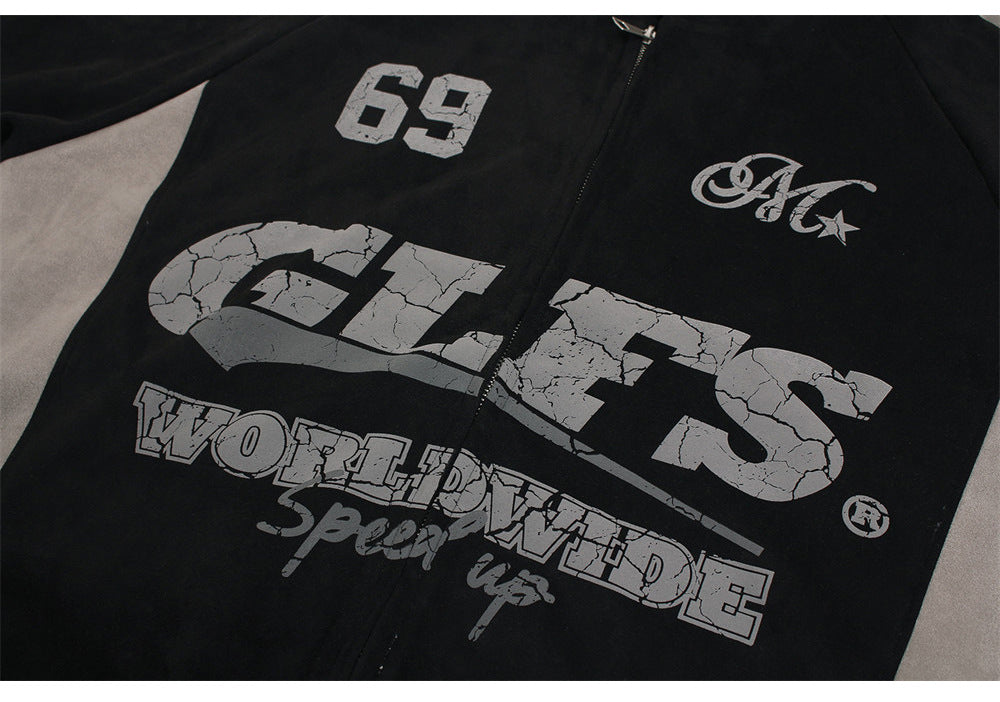 GLFS Colorblock Oversized Zip Up Hoodie – Distressed Letter Print, Dual Zipper