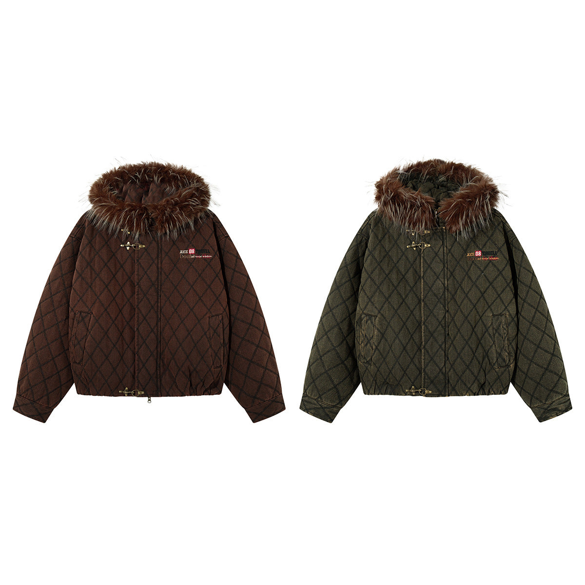 Two quilted diamond jackets shown from the front in brown and olive green, both with brown fur-trimmed hoods
