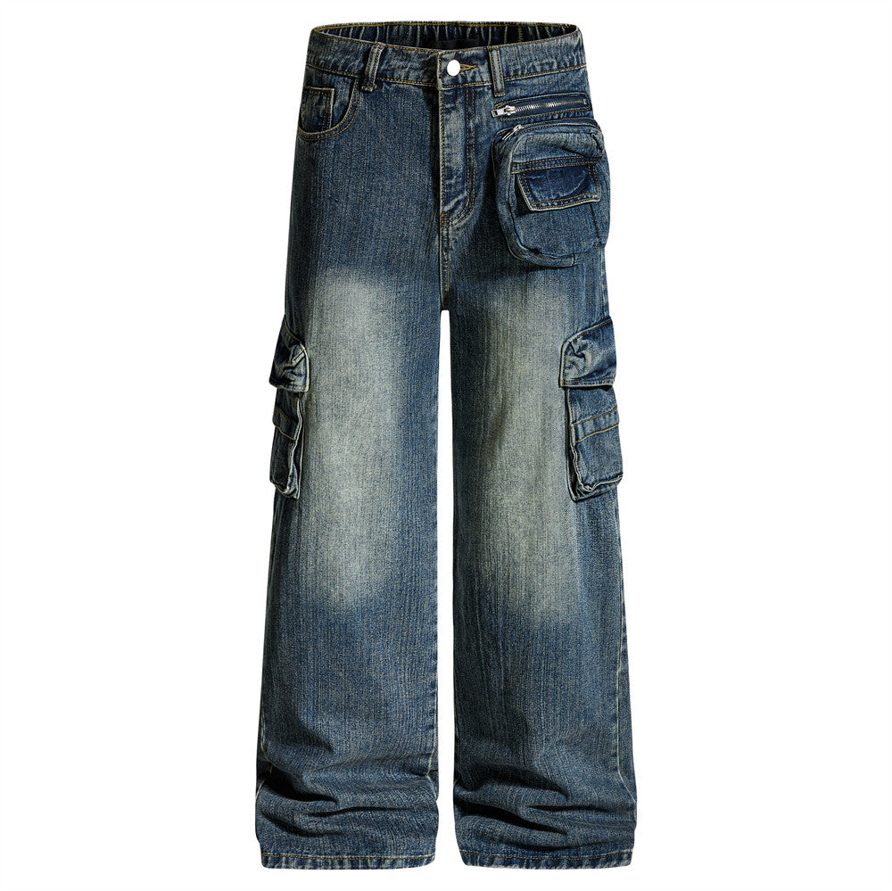 Vaqueros cargo para hombre — Pantalón vaquero de pierna ancha con múltiples bolsillos y lavado desgastado