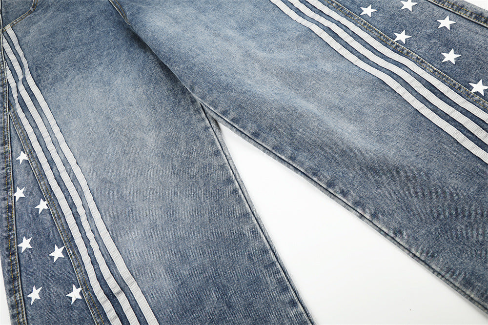Baggy-Jeans für Herren in Schwarz – Sternprint & Wide-Leg-Denim mit drei Streifen