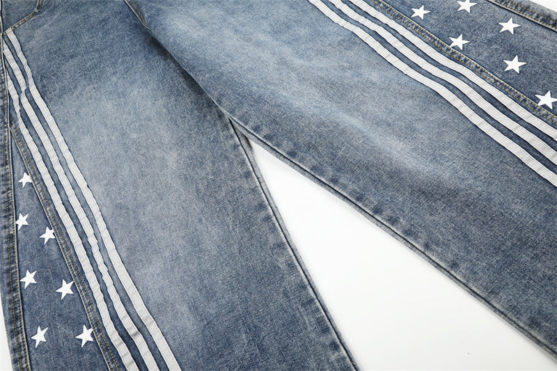 Baggy-Jeans für Herren in Schwarz – Sternprint & Wide-Leg-Denim mit drei Streifen
