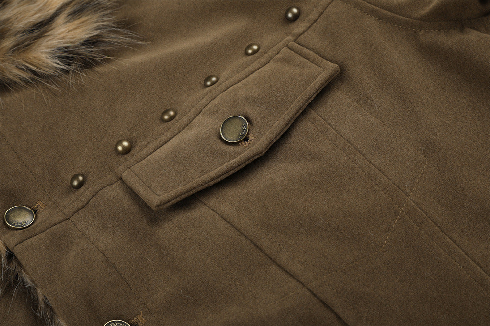 Men's Winter Jacket Faux Fur Collar Studded Snap-Button Coat