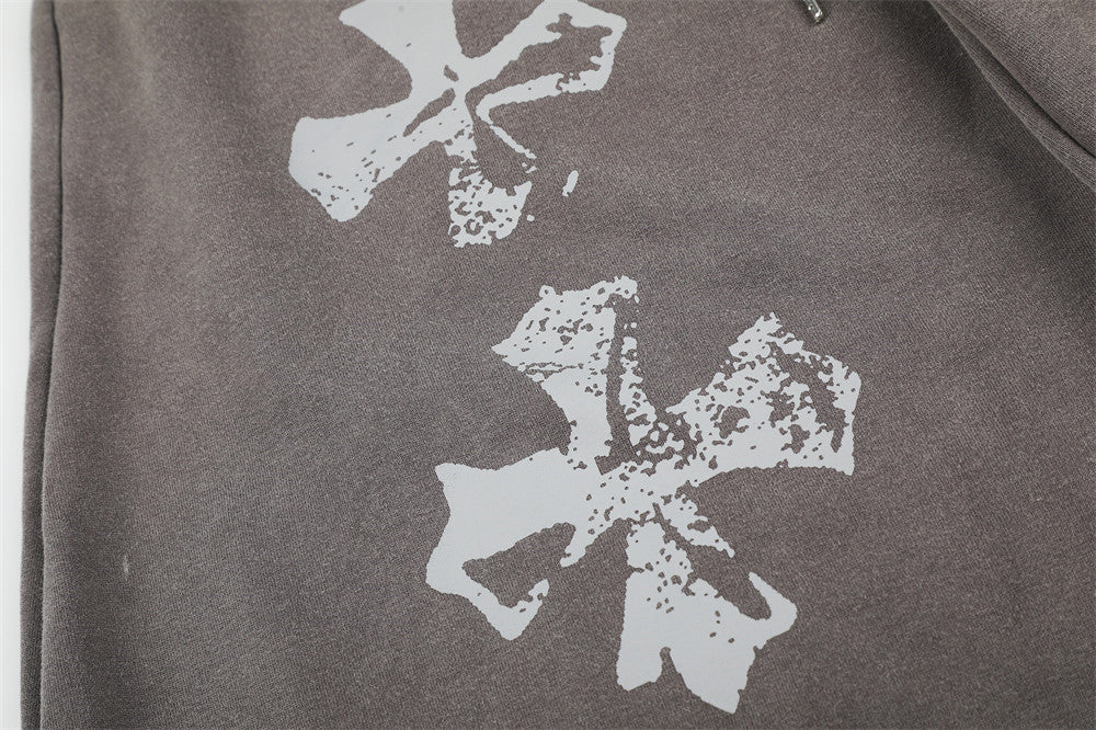 Wide-Leg Sweatpants with Vintage Cross Print & Acid Wash Finish