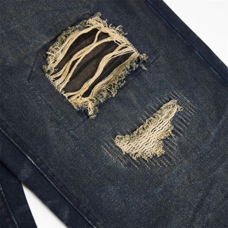 Men's Dark Wash Ripped Wide-Leg Jeans – Distressed Streetwear Denim