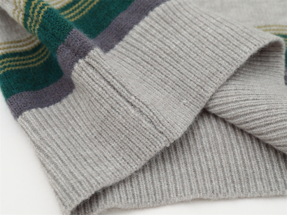Striped Crew Neck Sweater – Relaxed Fit Color-Block Knit Pullover