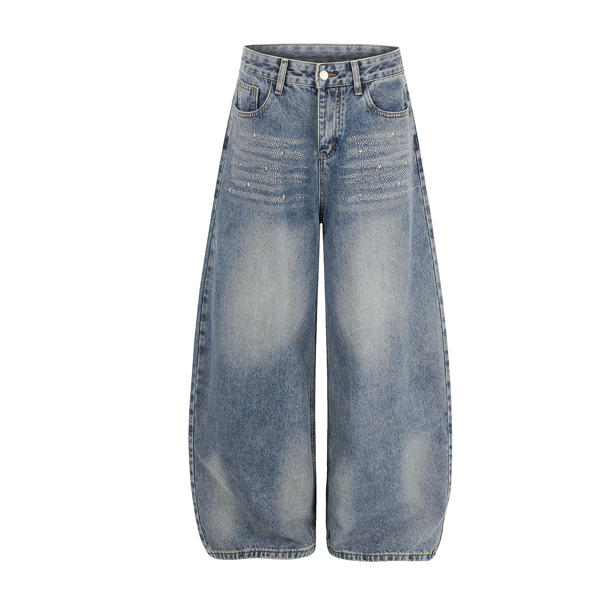 Jean baggy taille haute à jambes barrel, ornements étoiles en strass, bleu clair délavé et noir délavé