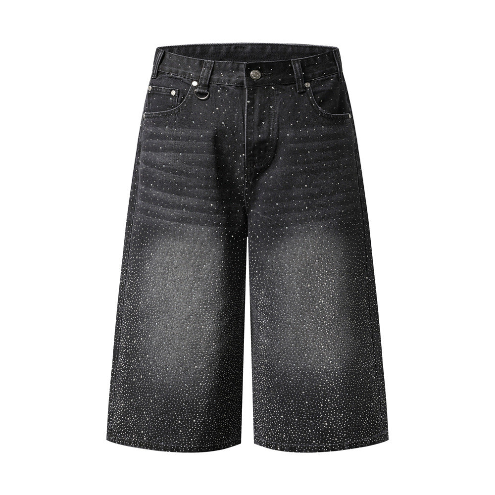 Wide-Leg Rhinestone Denim Shorts – Vintage Washed Straight-Cut Bermuda