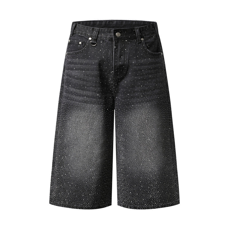 Wide-Leg Rhinestone Denim Shorts – Vintage Washed Straight-Cut Bermuda