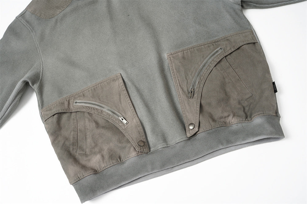 Sweat à capuche homme en maille gaufrée délavée à l’acide, oversize, avec poches cargo zippées